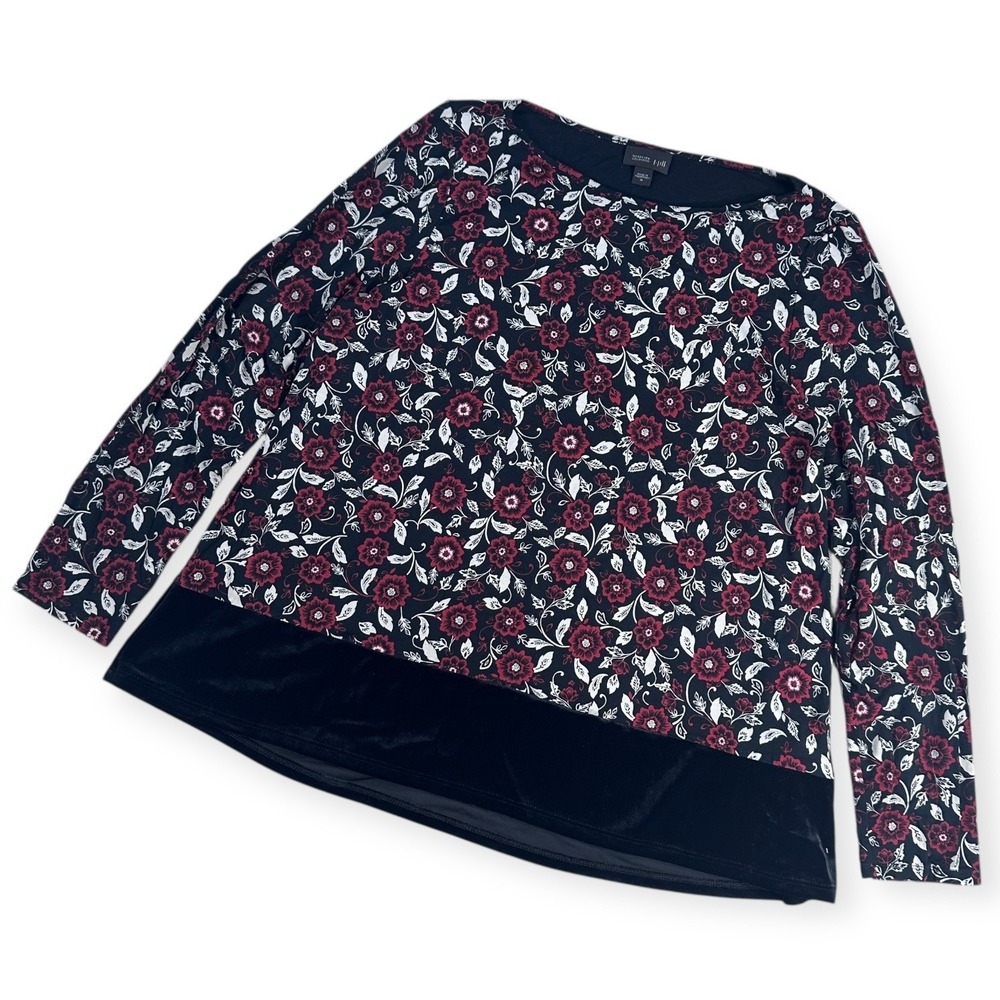 J.Jill Wearver Collection Black Red Floral Velvet Trim Long Sleeve Top Women's M